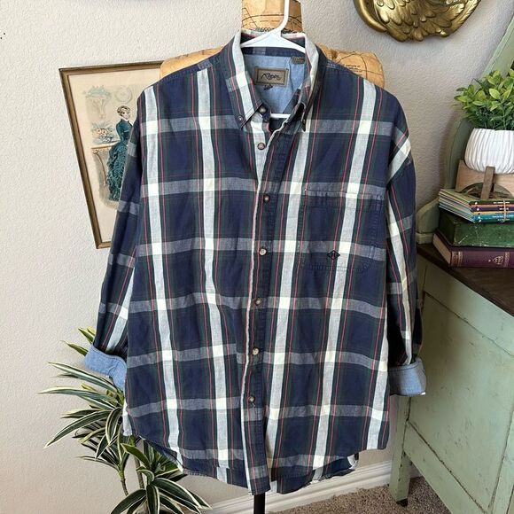 Roper Vintage 90s Navy Blue Green Red Plaid Button Up Shirt Sz L - Picture 1 of 10